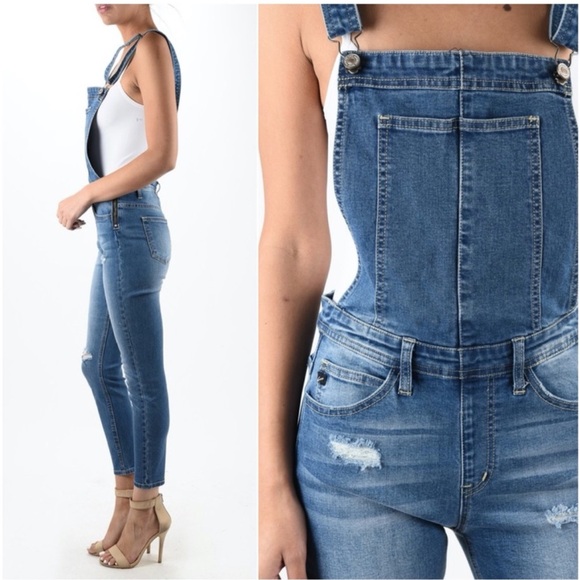 KanCAn Distressed Denim Overalls Jeans Side Zipper Women's Size Large - Picture 1 of 12